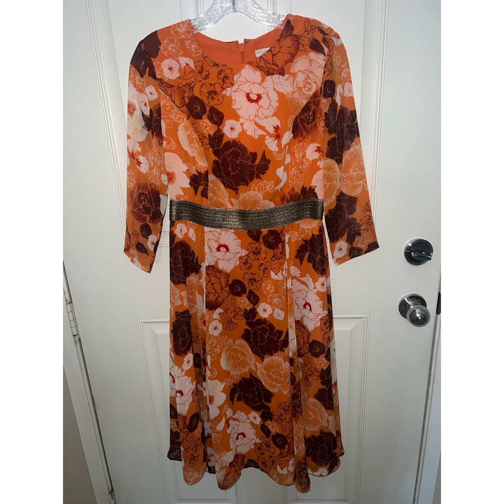 Eva Mendes NY&C Fall Orange Floral Midi Career Dress with Gold Waistband Sz 4
